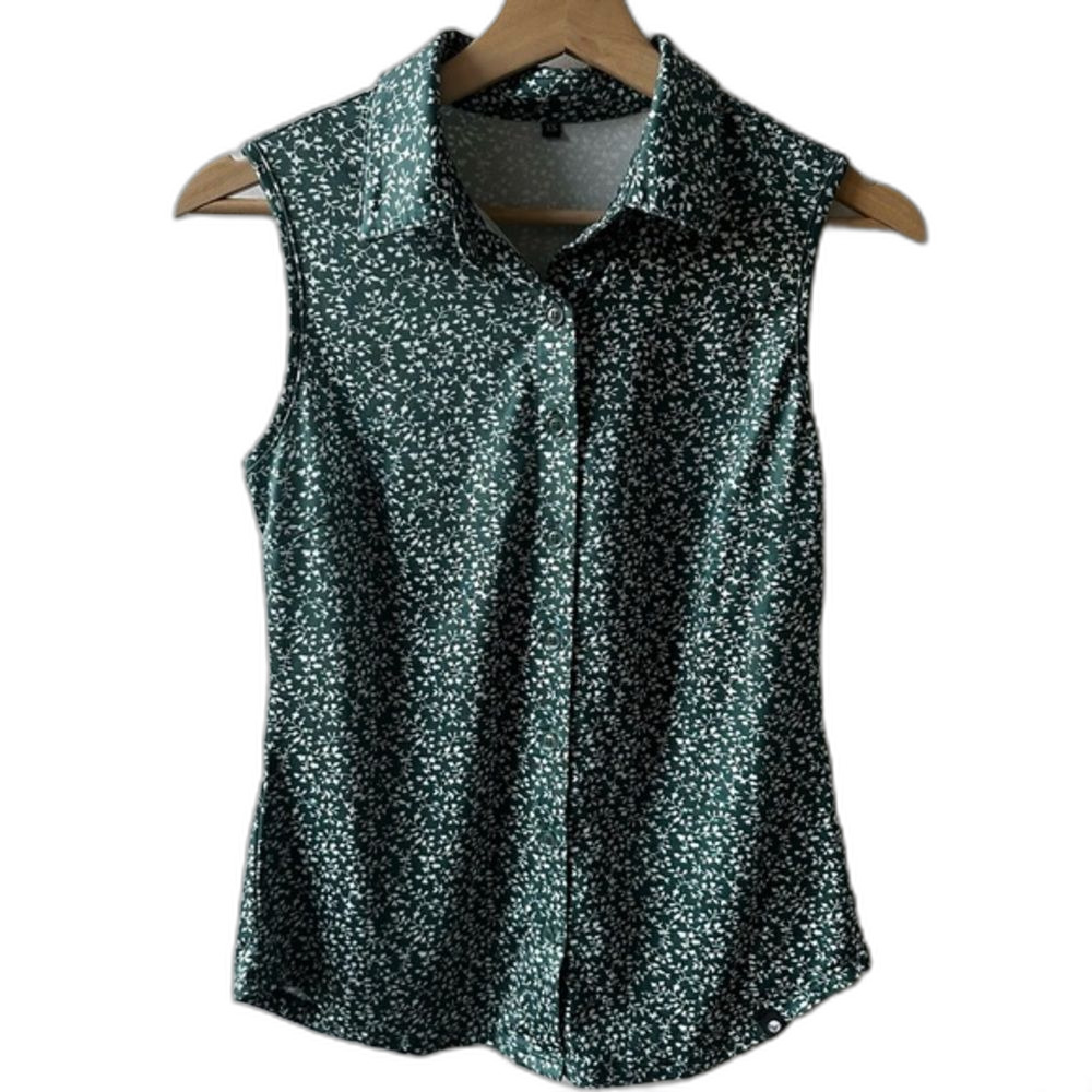 Green Ditsy Sleeveless Blouse XS Collared Button-Down golf floral tennis sporty